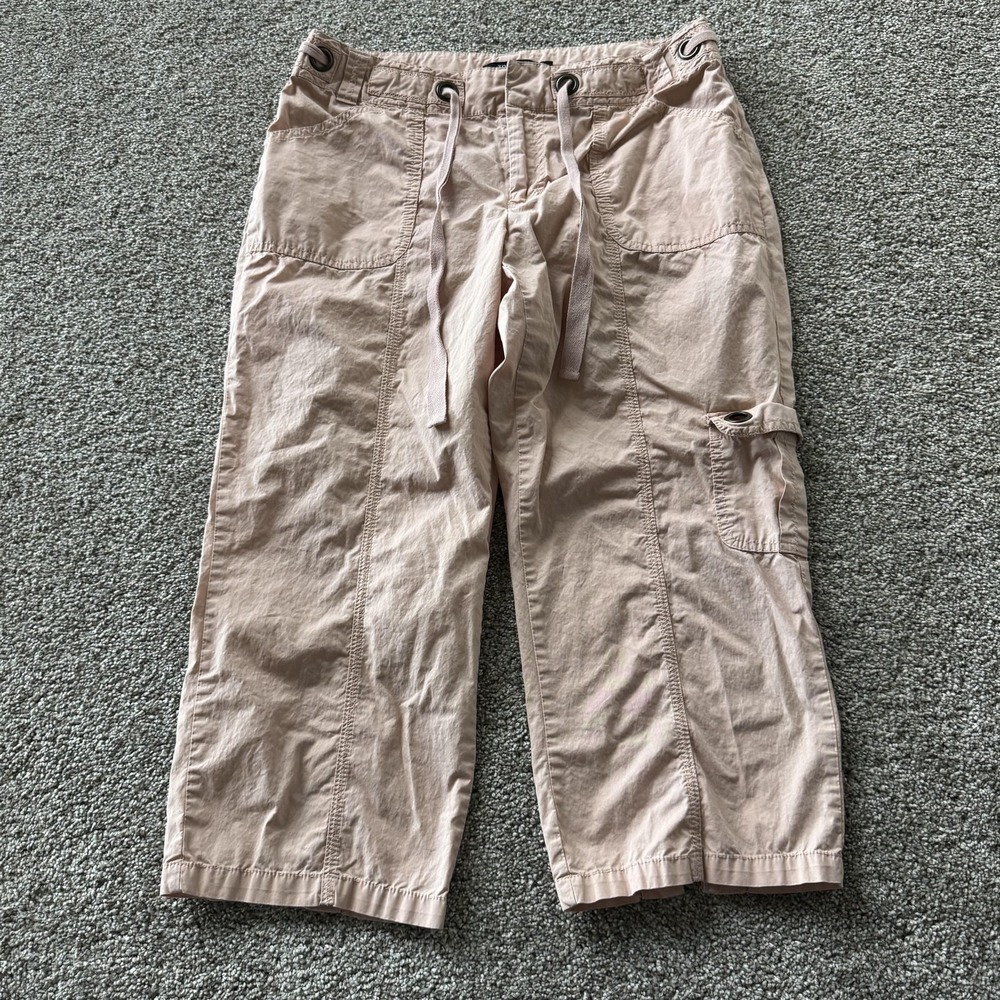 Y2K Tribal Capri Pants Womens 8 Pink Twill Cargo Crop Drawstring Pockets Casual